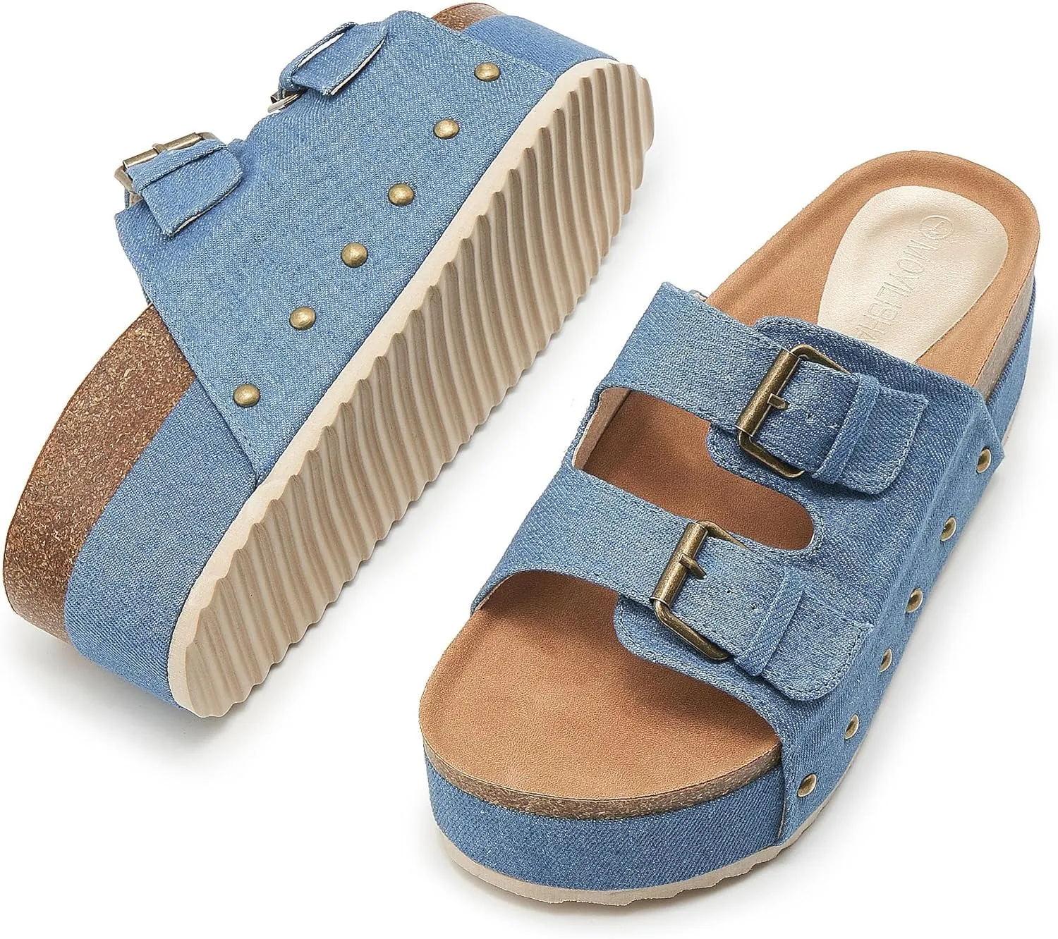 Women's Platform Slide Sandals Comfortable Cork Footbed Studded Clogs Adjustable Buckle Straps Open Toe Flatform Sandal Summer Slipper
