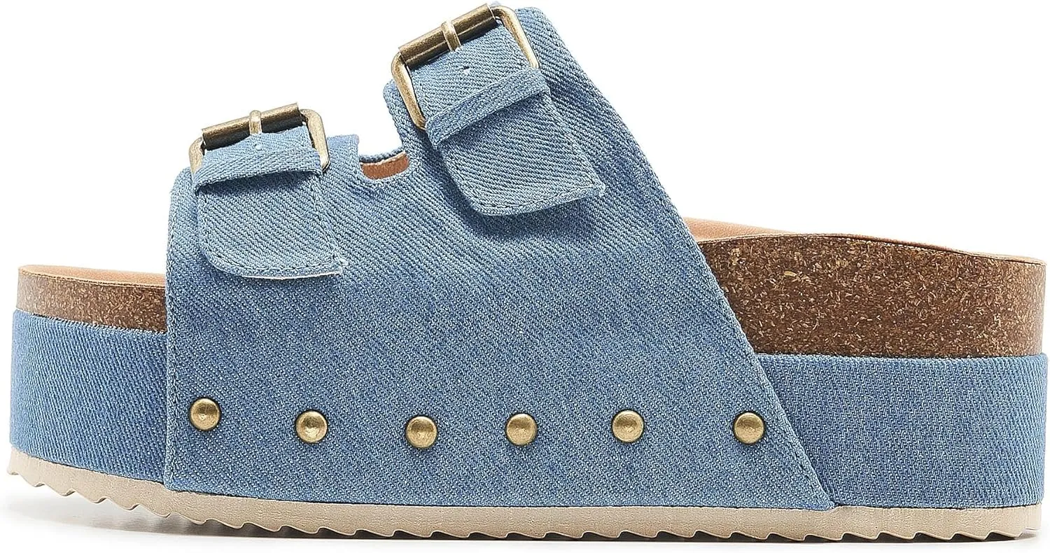 Women's Platform Slide Sandals Comfortable Cork Footbed Studded Clogs Adjustable Buckle Straps Open Toe Flatform Sandal Summer Slipper