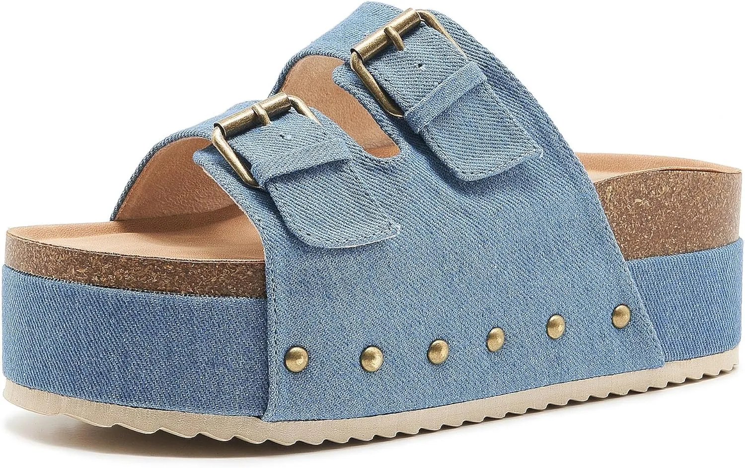Women's Platform Slide Sandals Comfortable Cork Footbed Studded Clogs Adjustable Buckle Straps Open Toe Flatform Sandal Summer Slipper