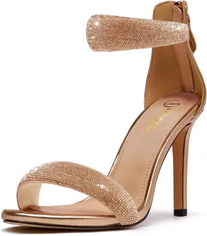 Women's Pump Open Toe Heel Sandals Back Zipper Round Ankle Strappy Stiletto Heels Sparkle Glitter Metallic Party Sexy Wedding Dressy Shoes