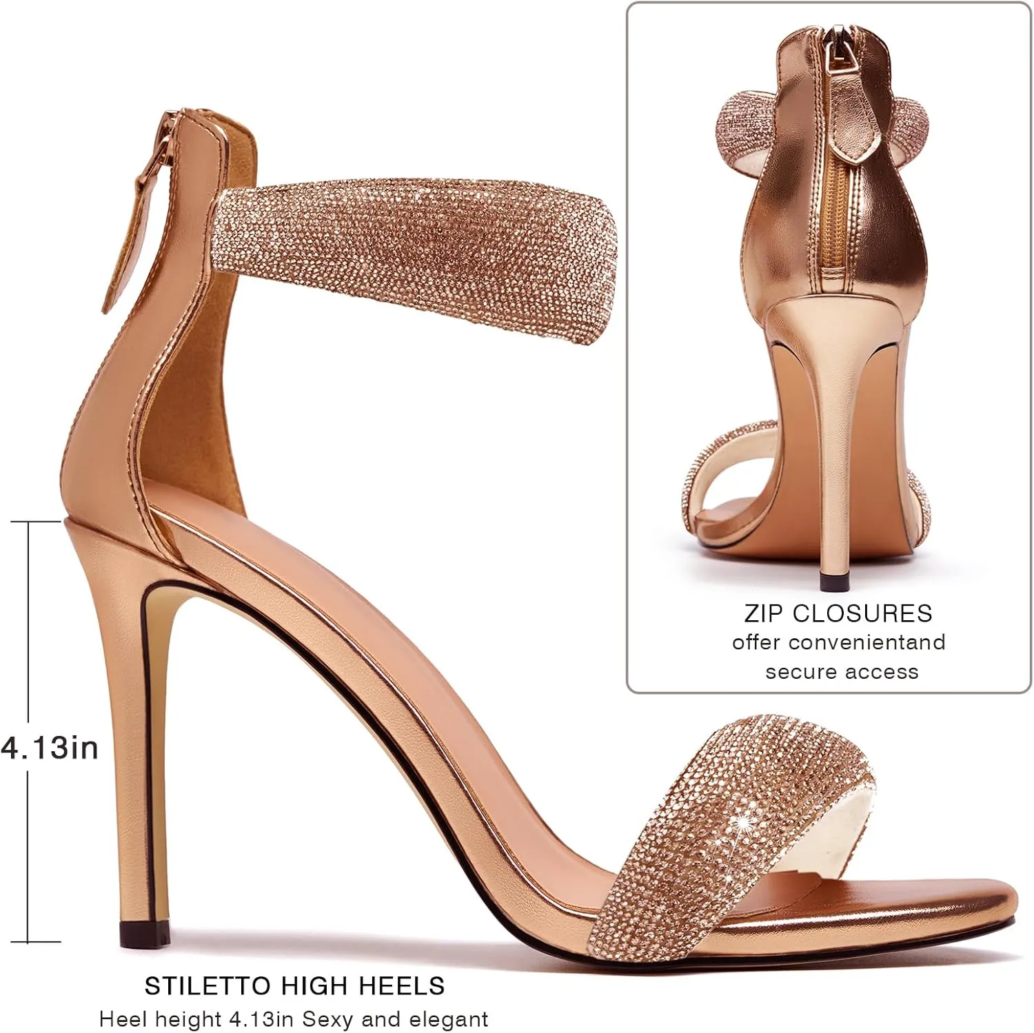 Women's Pump Open Toe Heel Sandals Back Zipper Round Ankle Strappy Stiletto Heels Sparkle Glitter Metallic Party Sexy Wedding Dressy Shoes