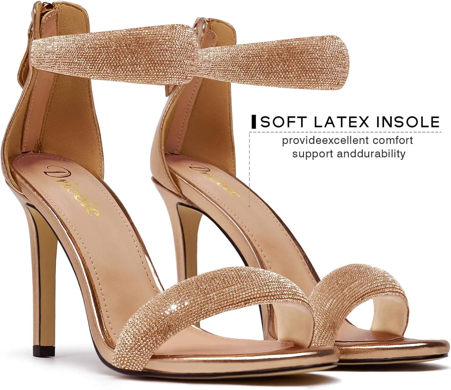 Women's Pump Open Toe Heel Sandals Back Zipper Round Ankle Strappy Stiletto Heels Sparkle Glitter Metallic Party Sexy Wedding Dressy Shoes