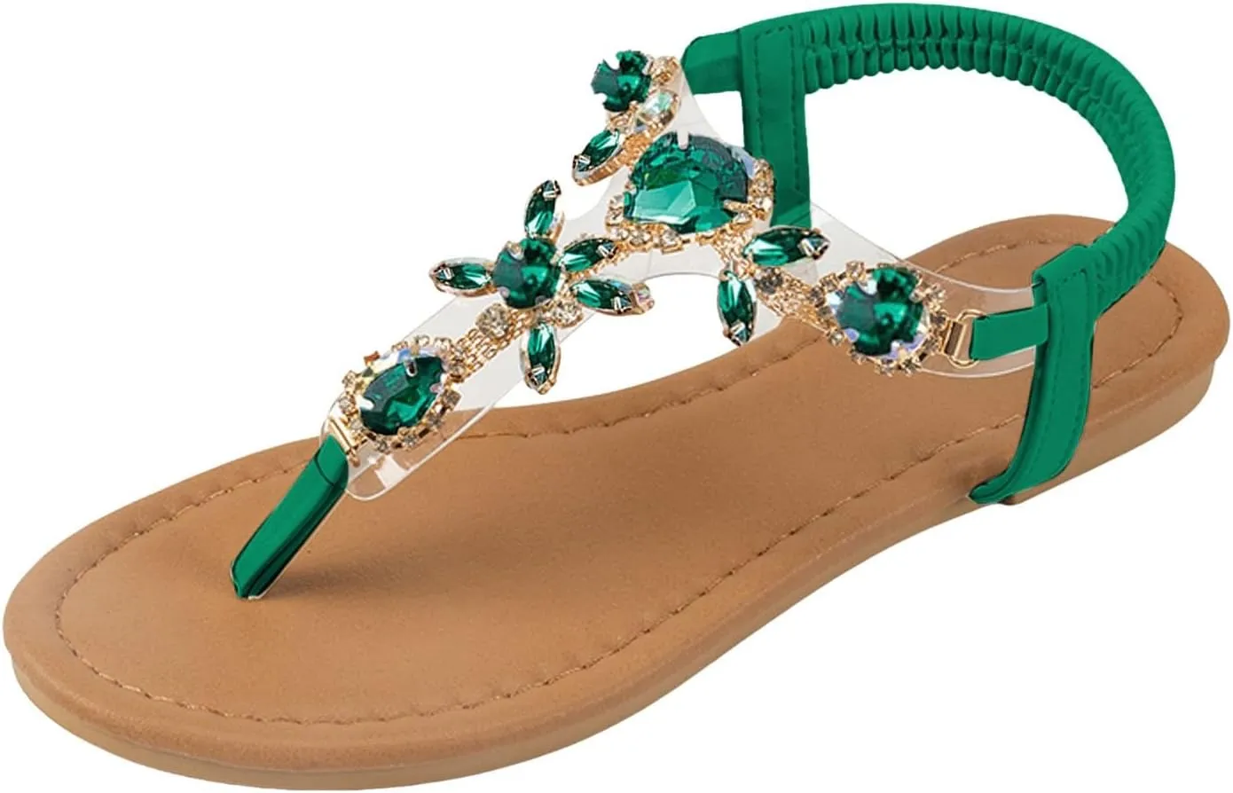 Women's Rhinestone Flat Sandals Dressy Summer Strappy Comfortable Ankle Strap Elastic T-Strap Thong Sandals Beach Flip Flops Ladies Fashion Shoes (d-Green, 10)