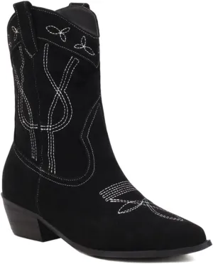 Women's Riley Western Booties, Classic Point Toe Embroidered Western Rodeo Cowboy Sheriff Boot with Zipper Ankle Boots Low Heel for Women