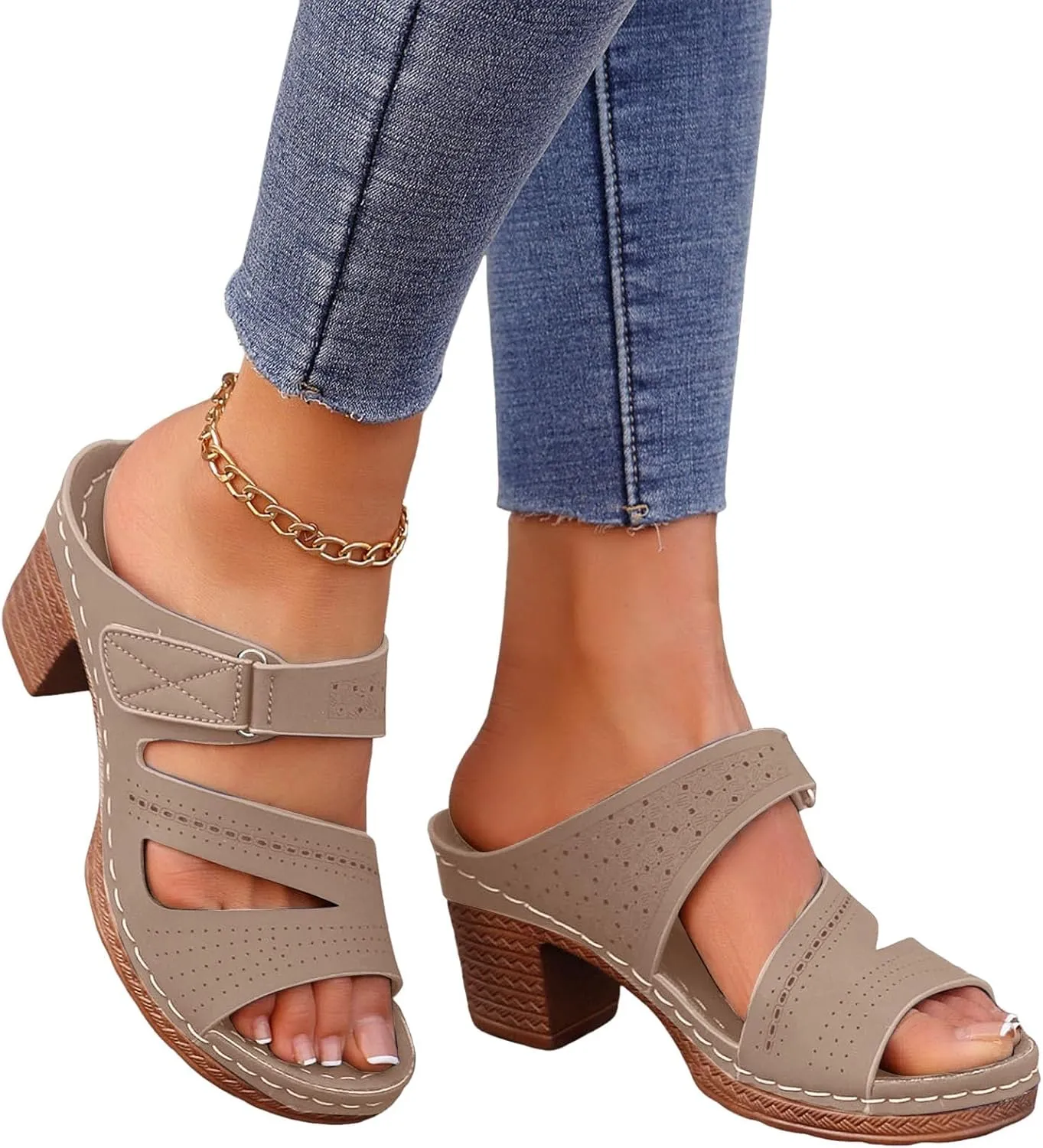 Women's Sandal Heels,Two Strap Open Toe Platform Slip-on Chunky Heels Sandals For Women Comfortable Walking Casual Dressy Summer Mules Shoes