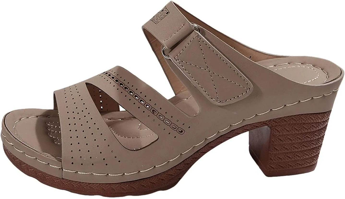 Women's Sandal Heels,Two Strap Open Toe Platform Slip-on Chunky Heels Sandals For Women Comfortable Walking Casual Dressy Summer Mules Shoes