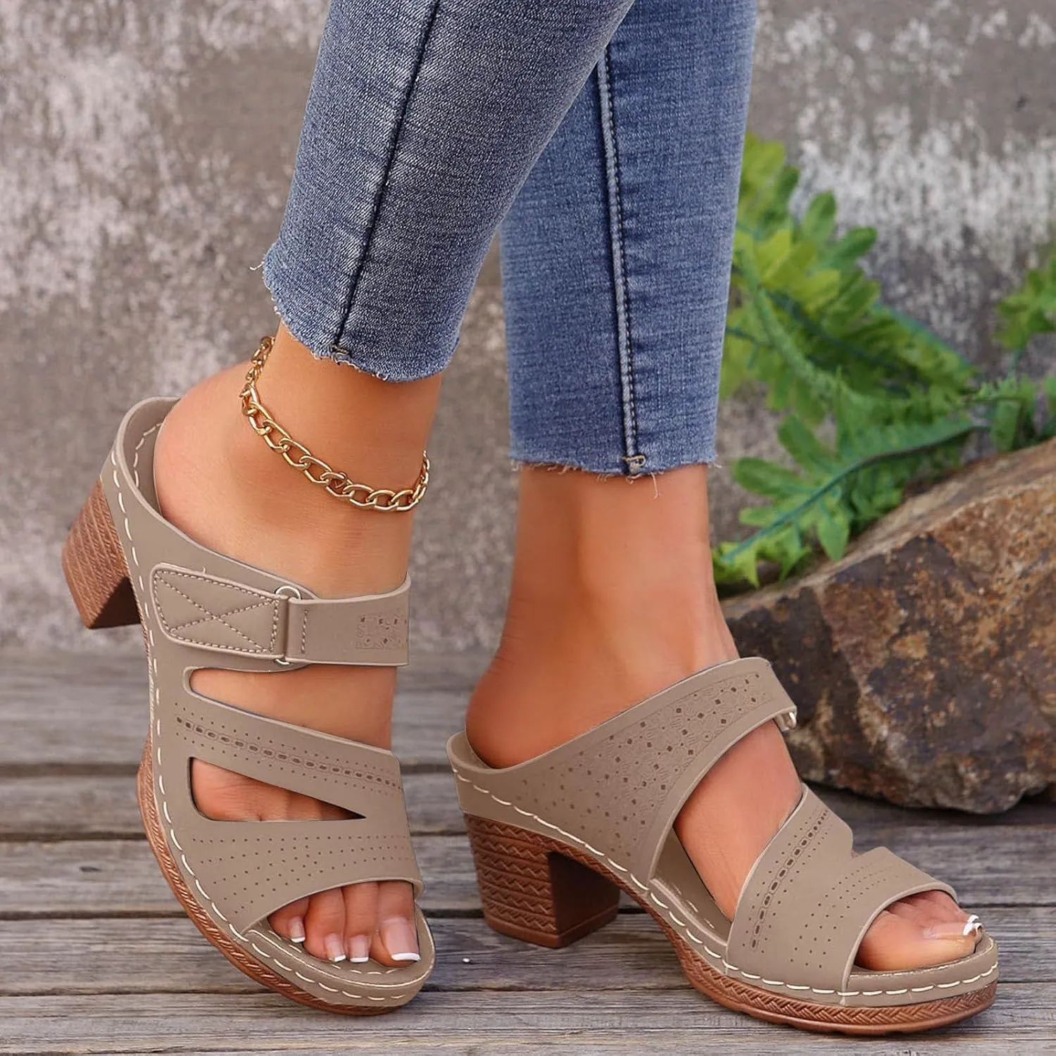 Women's Sandal Heels,Two Strap Open Toe Platform Slip-on Chunky Heels Sandals For Women Comfortable Walking Casual Dressy Summer Mules Shoes