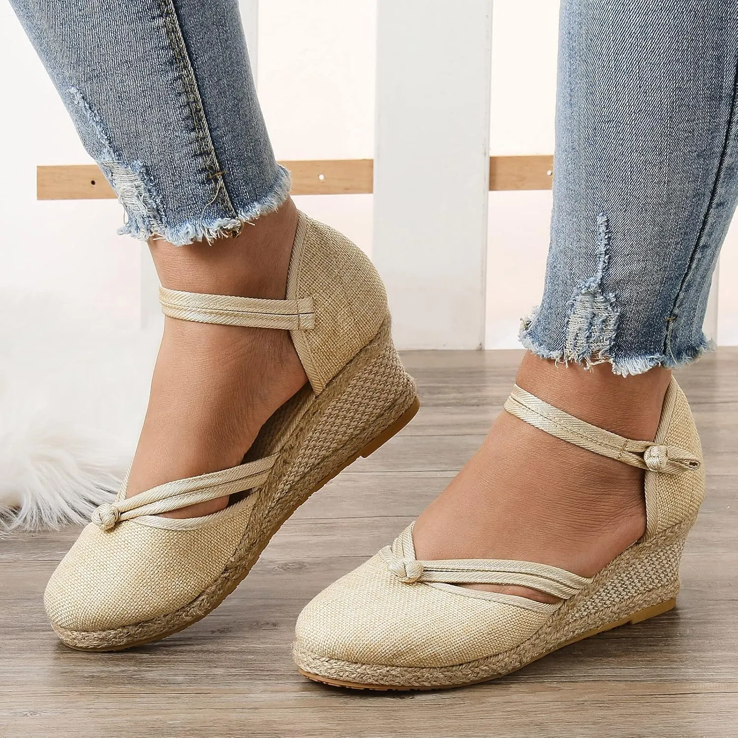 Womens Sandals Closed Toe Linen Wedge Sandals Buckle Ankle Strap Platform Comfortable Breathable Beach Sandals