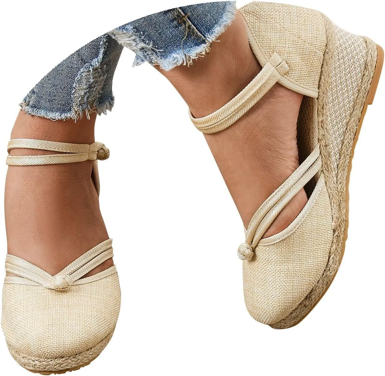 Womens Sandals Closed Toe Linen Wedge Sandals Buckle Ankle Strap Platform Comfortable Breathable Beach Sandals