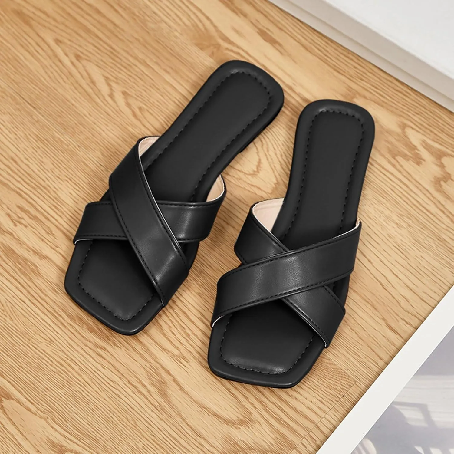 Womens Sandals Comfortable Wide Leather Crisscross Summer Square Toe Flat Slide Sandals