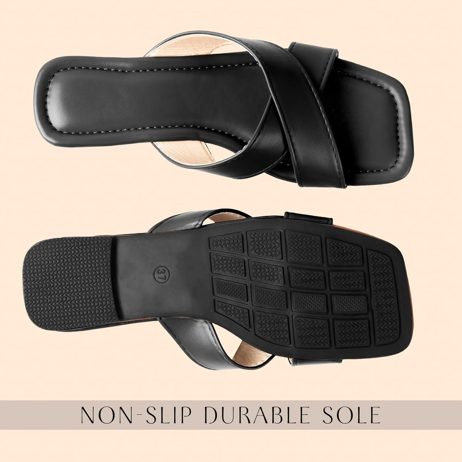 Womens Sandals Comfortable Wide Leather Crisscross Summer Square Toe Flat Slide Sandals