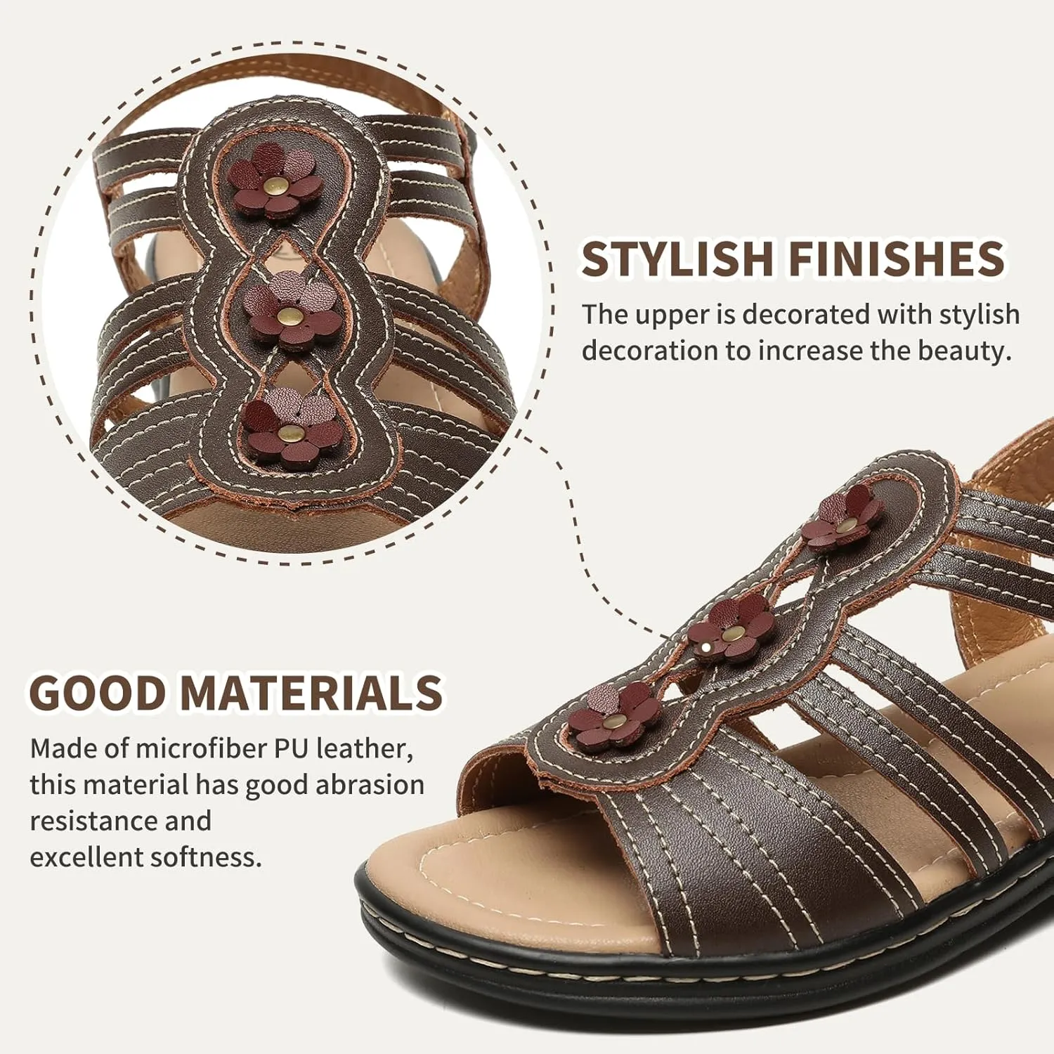 Womens Sandals Flats Comfort Leather Walking Orthopedic Sandals Casual Summer Shoes with Arch Support for Dressy Beach Hiking Vacation Camping Travel Pool Shopping Dating Water sports