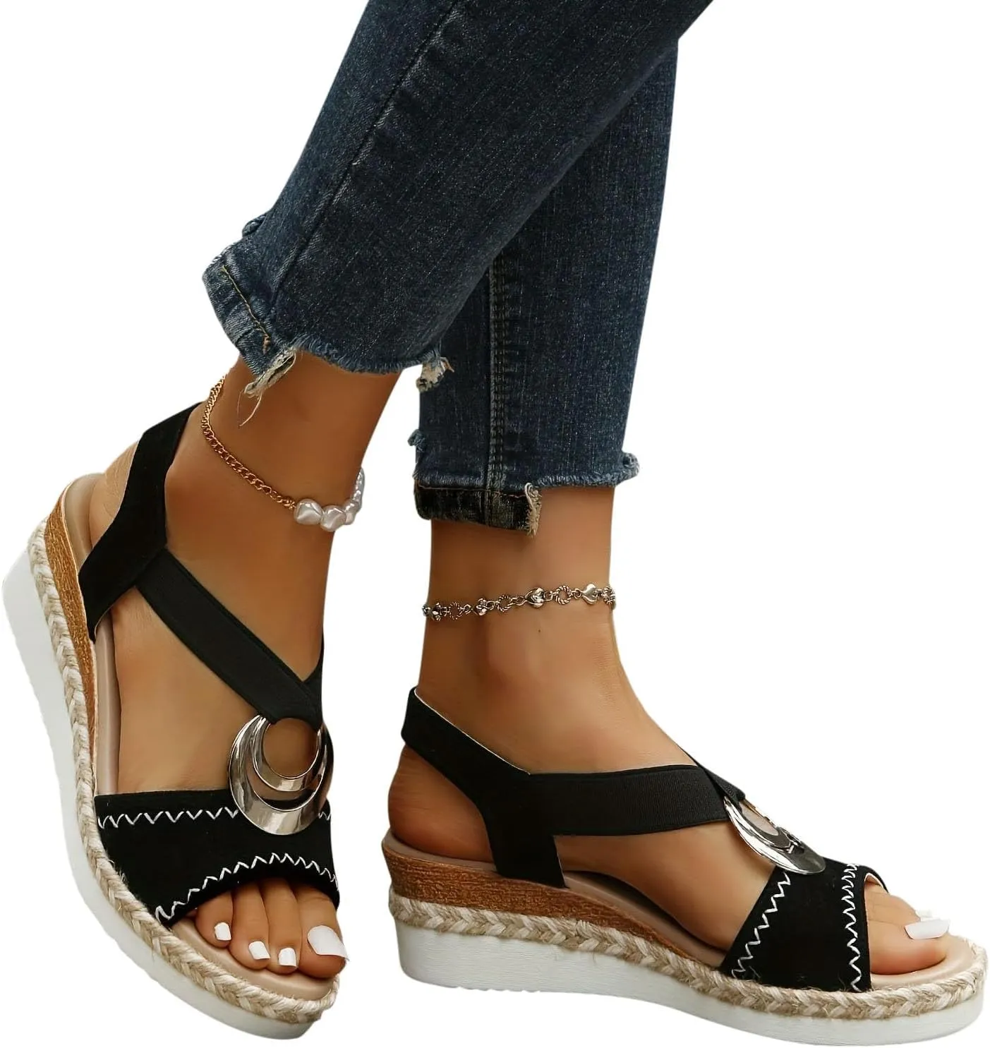 Women's Sandals Mental O Ring Trending Ankle Strap Sandal Splicing Patchwork Summer Shoes for Travel Work