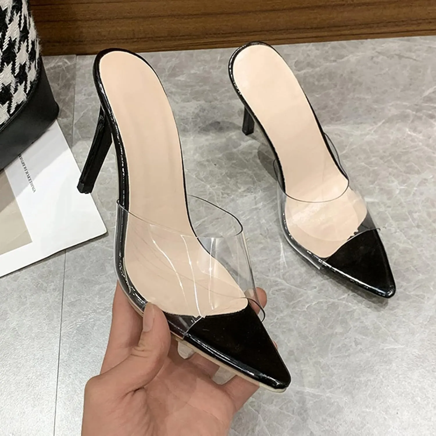 Women's Sandals Transparent Stiletto Heels Open Toe Mules Slip On Wedding Bridal Dress Shoes High Heel Sandals