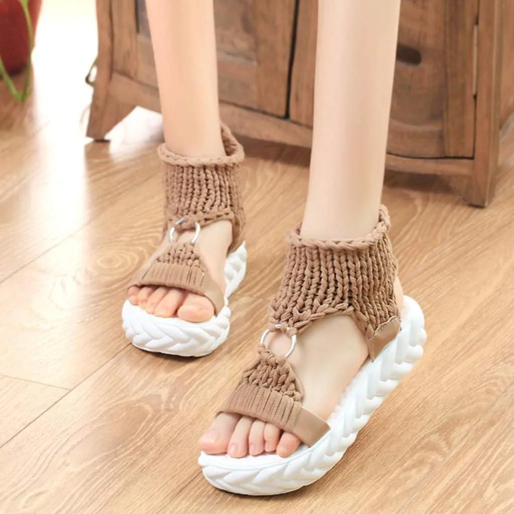 Women's Sandals with Arch Support Sandals Summer Flat Thick Bottomed Knitting Sandal Solid Ladies Platform Sandalias