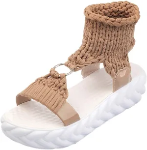 Women's Sandals with Arch Support Sandals Summer Flat Thick Bottomed Knitting Sandal Solid Ladies Platform Sandalias