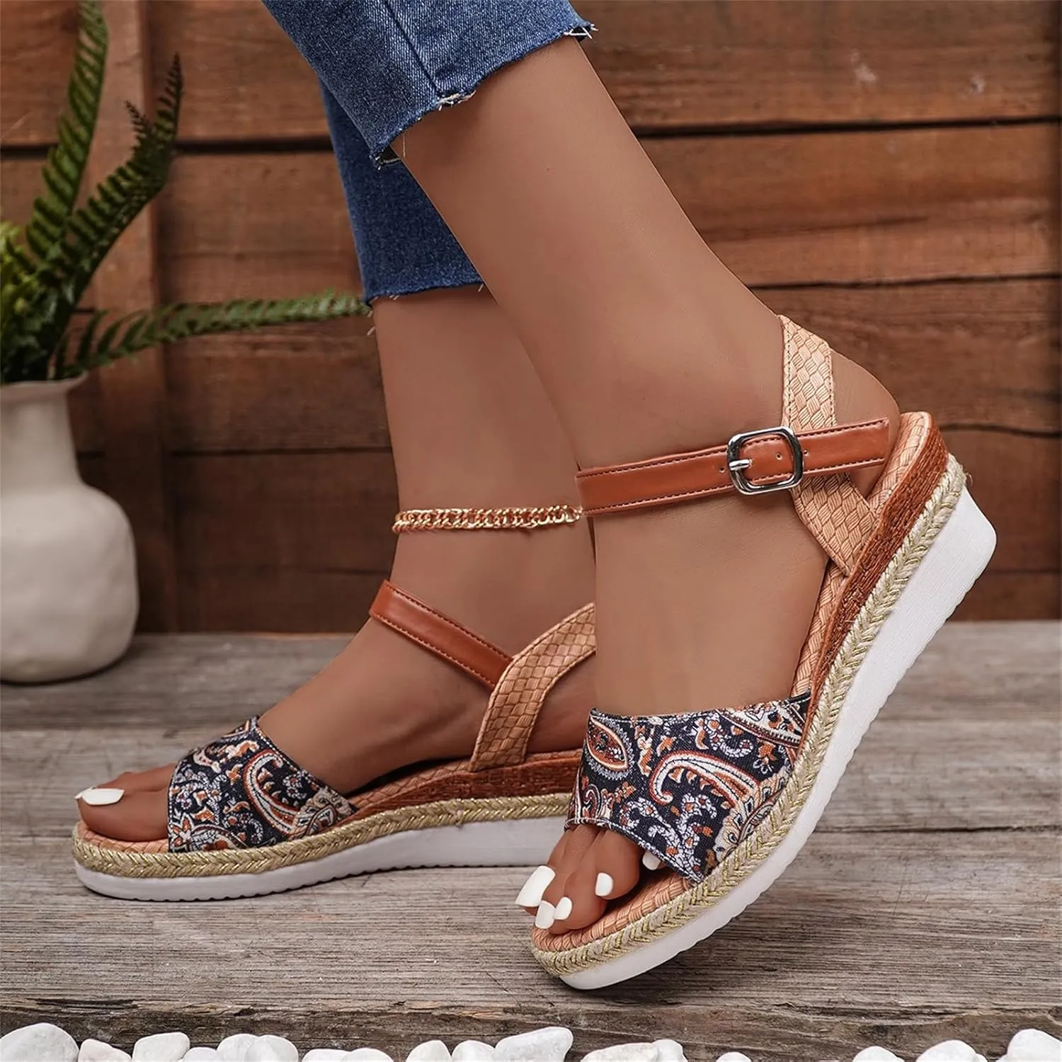 Women's Slingback Sandals Hand-Painted Leather Floral Wedge with Adjustable Comfort Straps Girls Flatform 2025 Little Big Kid Flower Girl Dress Fish Mouth Heels Open Toe Summer Shoes