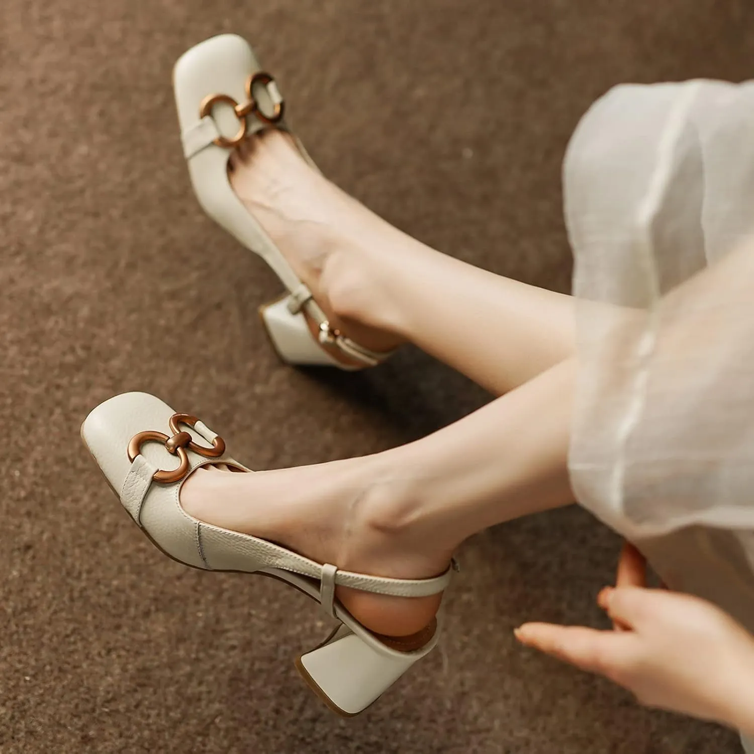 Women's Slingback Square Toe Chunky High Heels Sandals Ankle Buckle Dress Summer Pumps