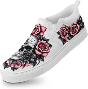 Women's Slip-on Canvas Shoes – Floral Skull Casual Loafers Trendy Comfortable Walking Skate Sneakers for Men