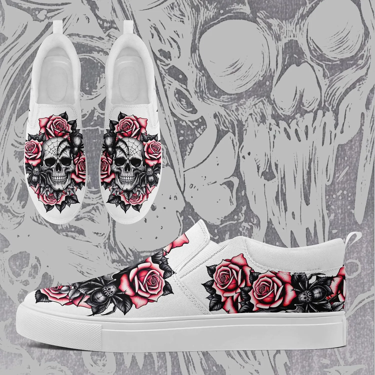 Women's Slip-on Canvas Shoes – Floral Skull Casual Loafers Trendy Comfortable Walking Skate Sneakers for Men