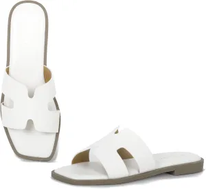 Womens Slip On Flat Sandals Soft Leather Open Toe Slide for Summer Dressy