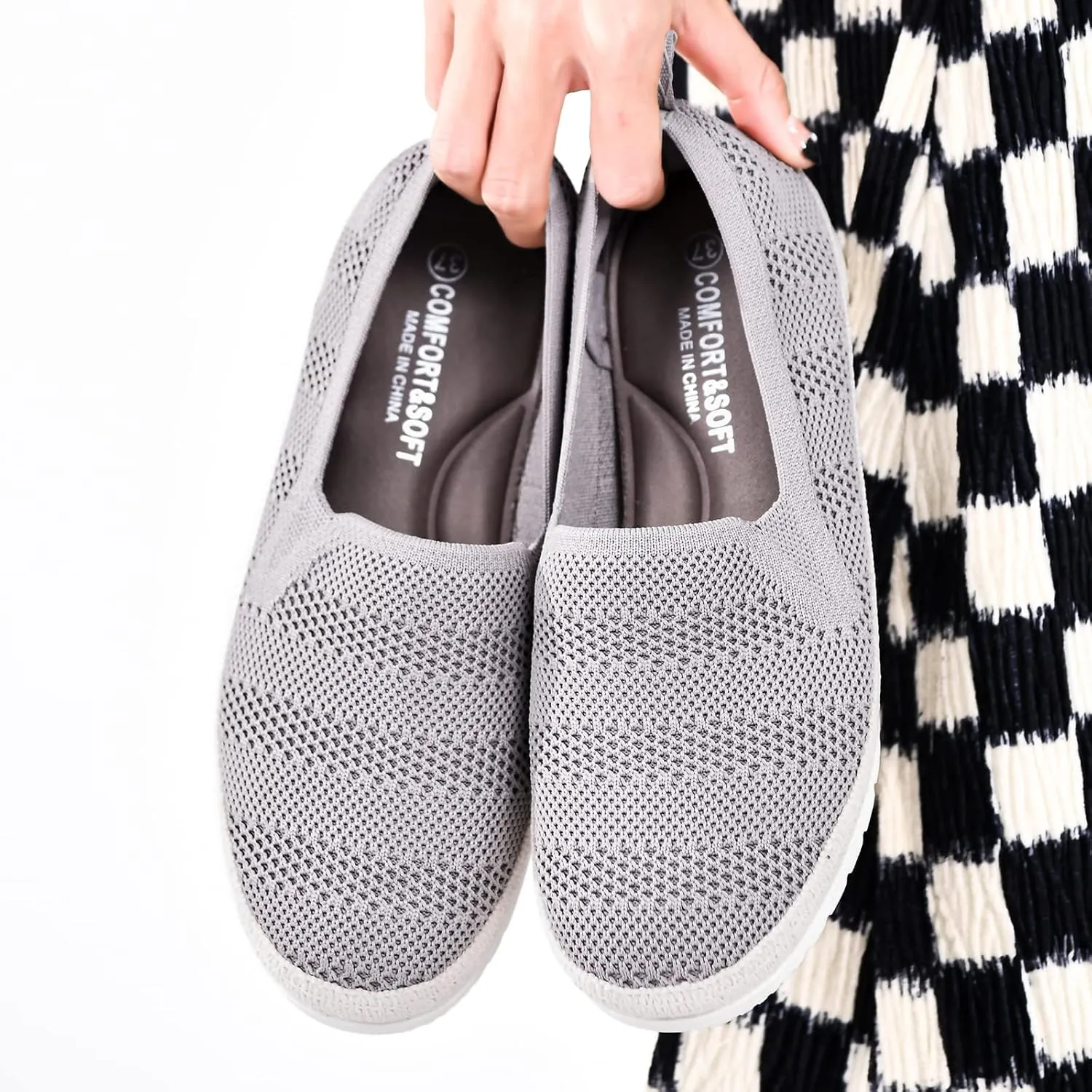 Women's Slip on Loafer Shoes Casual Walking Shoes Comfortable Knit Hands Free Slip ins Sneakers with Arch Support Fashion Work Nurse Flats