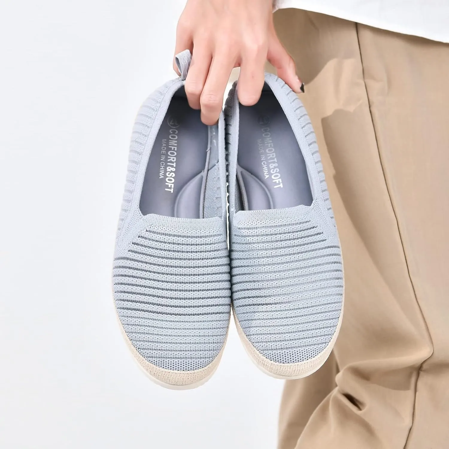 Women's Slip on Loafer Shoes Casual Walking Shoes Comfortable Knit Hands Free Slip ins Sneakers with Arch Support Fashion Work Nurse Flats
