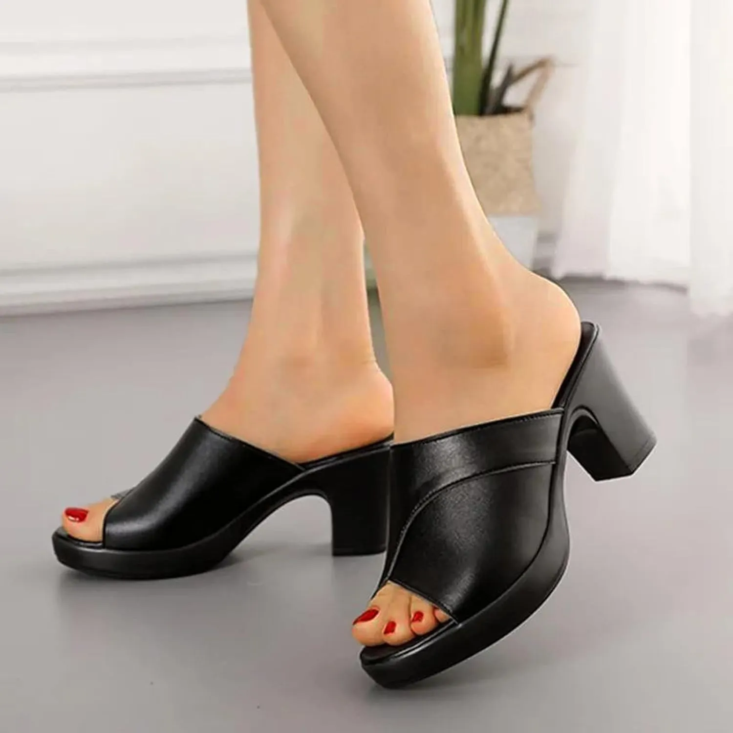 Women's Slipper Leather Round Toe Chunky Heel Sandal Open Toe Block Heel Dress Shoes Fish Mouth Slingback Mules