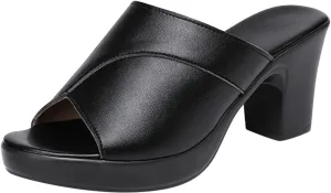 Women's Slipper Leather Round Toe Chunky Heel Sandal Open Toe Block Heel Dress Shoes Fish Mouth Slingback Mules