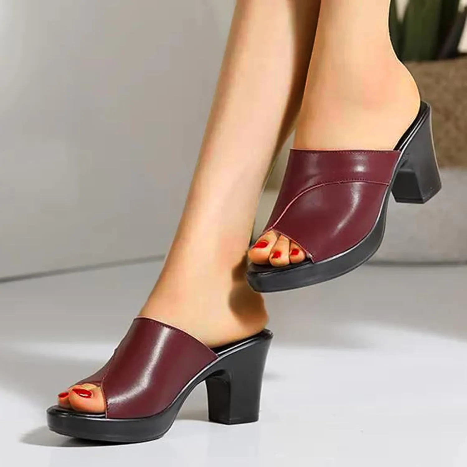 Women's Slipper Leather Round Toe Chunky Heel Sandal Open Toe Block Heel Dress Shoes Fish Mouth Slingback Mules