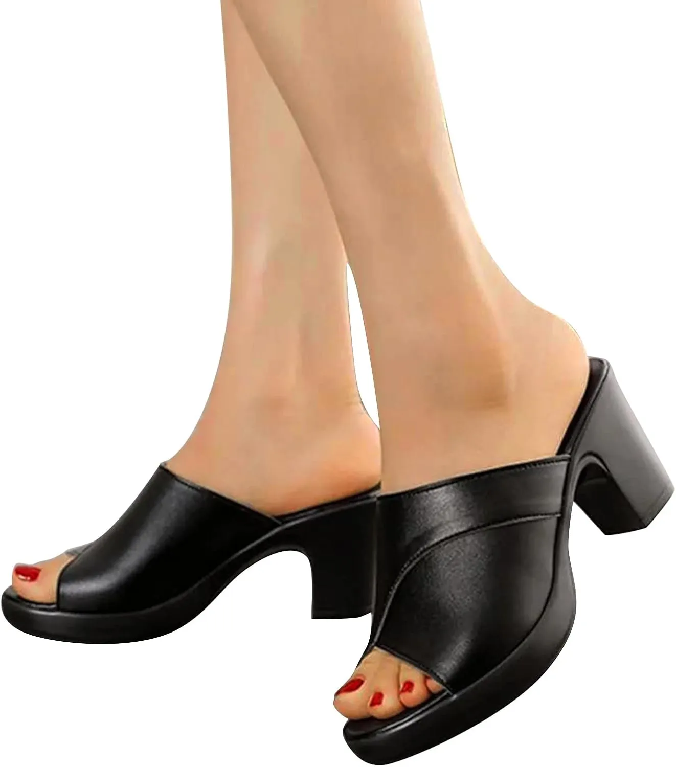 Women's Slipper Leather Round Toe Chunky Heel Sandal Open Toe Block Heel Dress Shoes Fish Mouth Slingback Mules