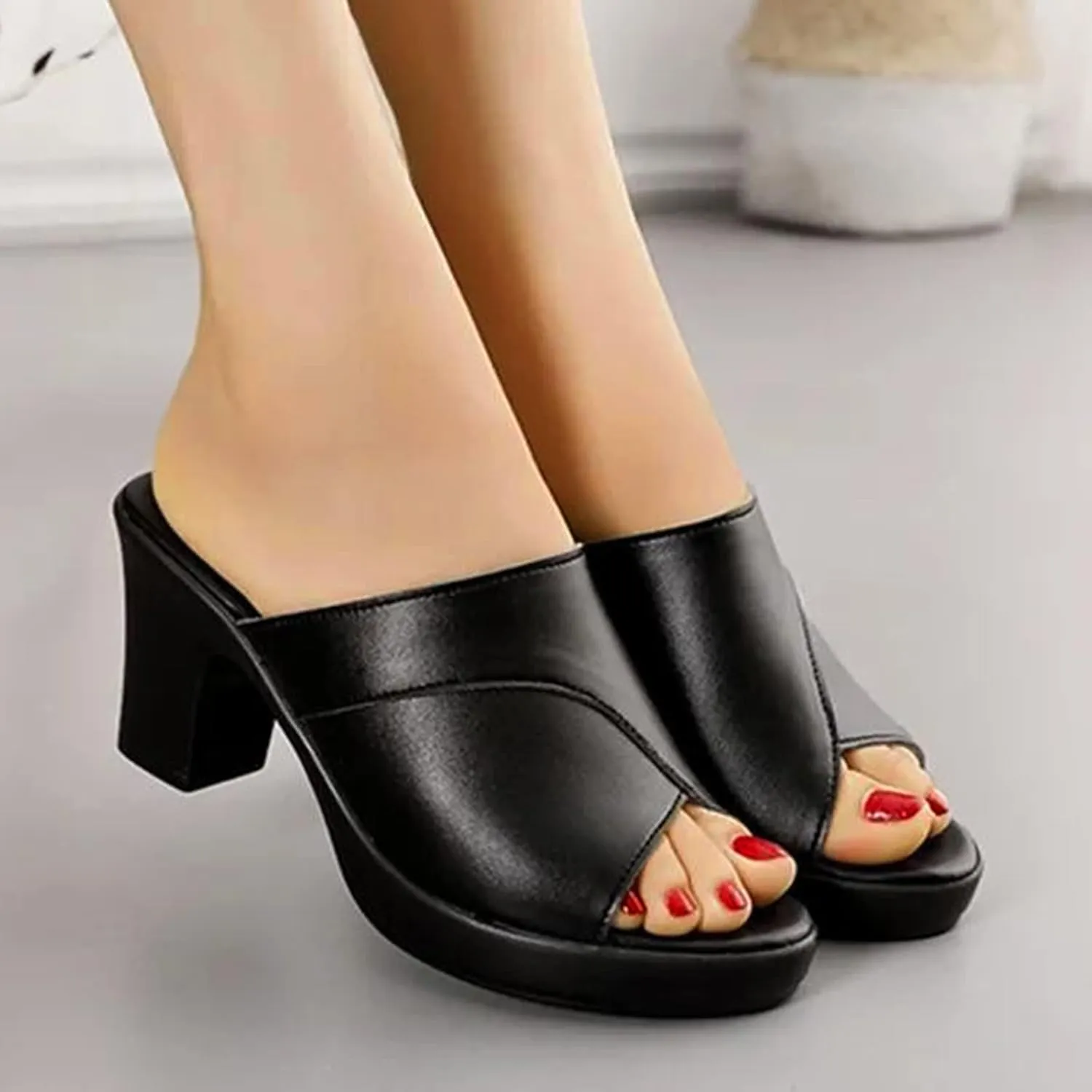 Women's Slipper Leather Round Toe Chunky Heel Sandal Open Toe Block Heel Dress Shoes Fish Mouth Slingback Mules