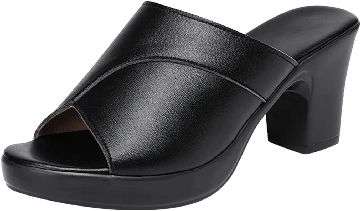 Women's Slipper Leather Round Toe Chunky Heel Sandal Open Toe Block Heel Dress Shoes Fish Mouth Slingback Mules