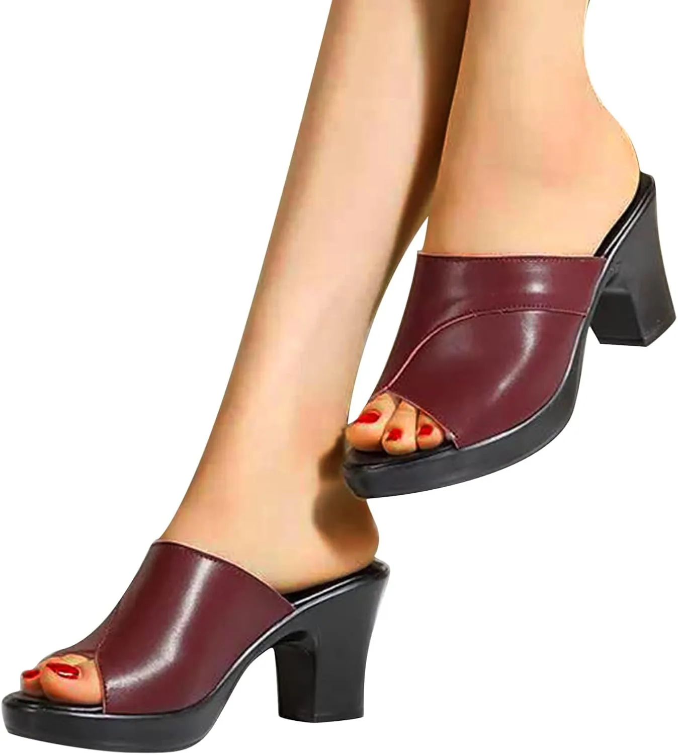 Women's Slipper Leather Round Toe Chunky Heel Sandal Open Toe Block Heel Dress Shoes Fish Mouth Slingback Mules