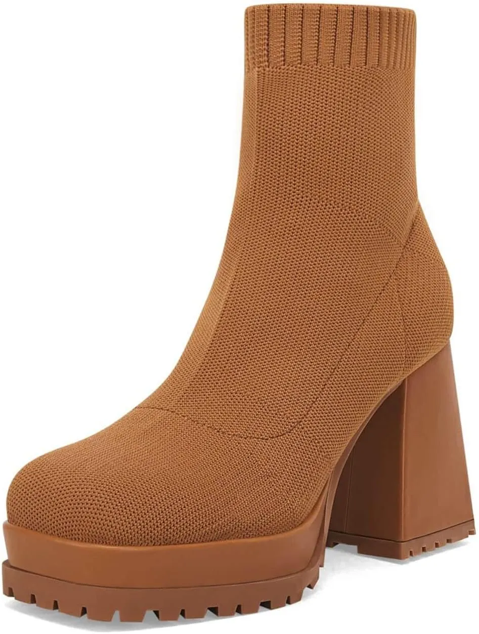 Womens Sock Boots Platform Chunky Heel Booties Dress Ankle Boots Square Toe Slip On Comfortable Winter Booties