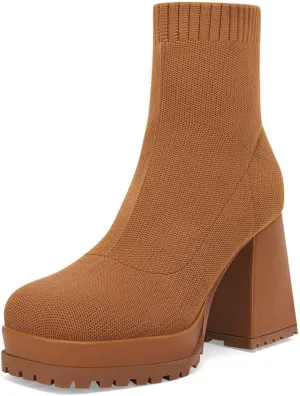 Womens Sock Boots Platform Chunky Heel Booties Dress Ankle Boots Square Toe Slip On Comfortable Winter Booties