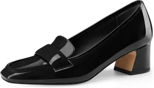 Women's Square Toe Chunky Low Heel Penny Loafers Shoes Black Patent Leather Comfortable Slip On Work Business Dressy Classic Pumps