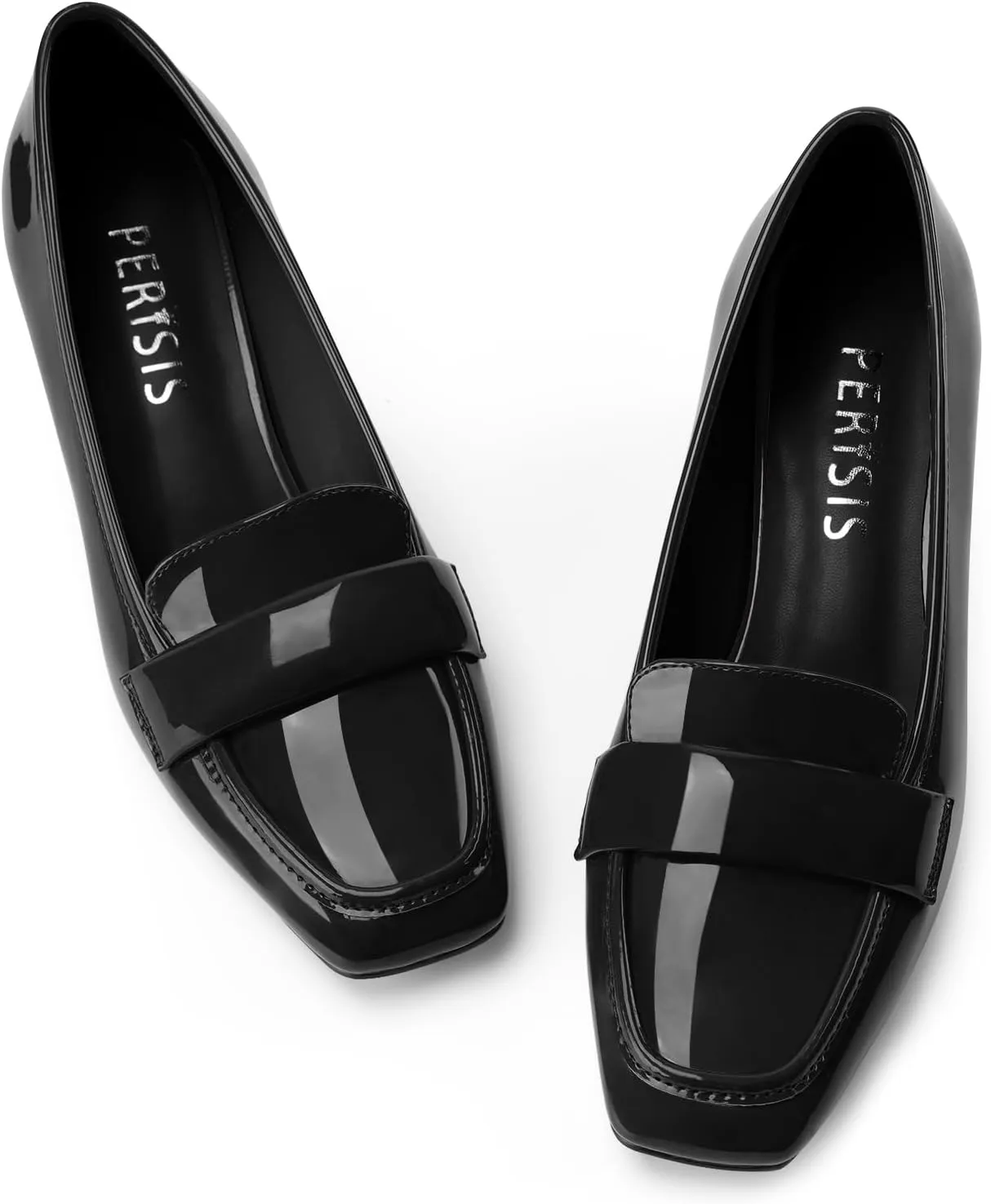 Women's Square Toe Chunky Low Heel Penny Loafers Shoes Black Patent Leather Comfortable Slip On Work Business Dressy Classic Pumps
