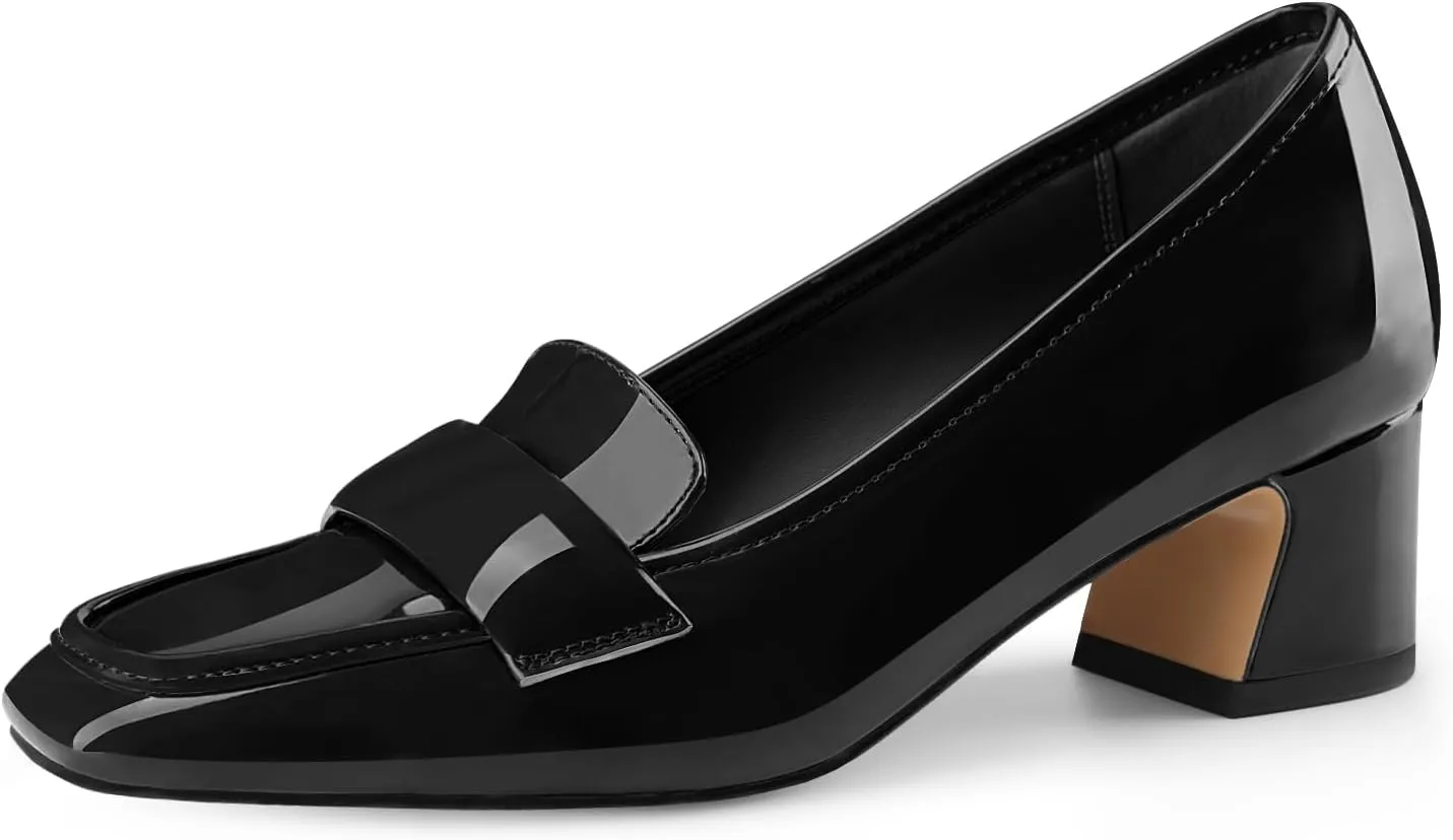 Women's Square Toe Chunky Low Heel Penny Loafers Shoes Black Patent Leather Comfortable Slip On Work Business Dressy Classic Pumps