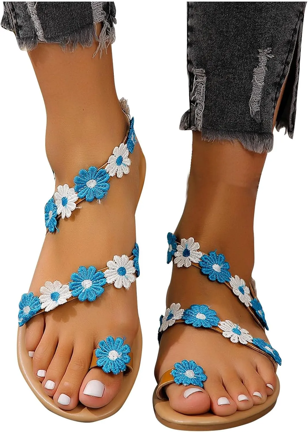 Women's Summer Plus-size Sandals Ethnic Style Flower Clip-toe Beach Flat Slippers Fashionable Boho Casual Flip Flops