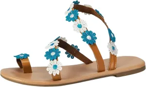 Women's Summer Plus-size Sandals Ethnic Style Flower Clip-toe Beach Flat Slippers Fashionable Boho Casual Flip Flops