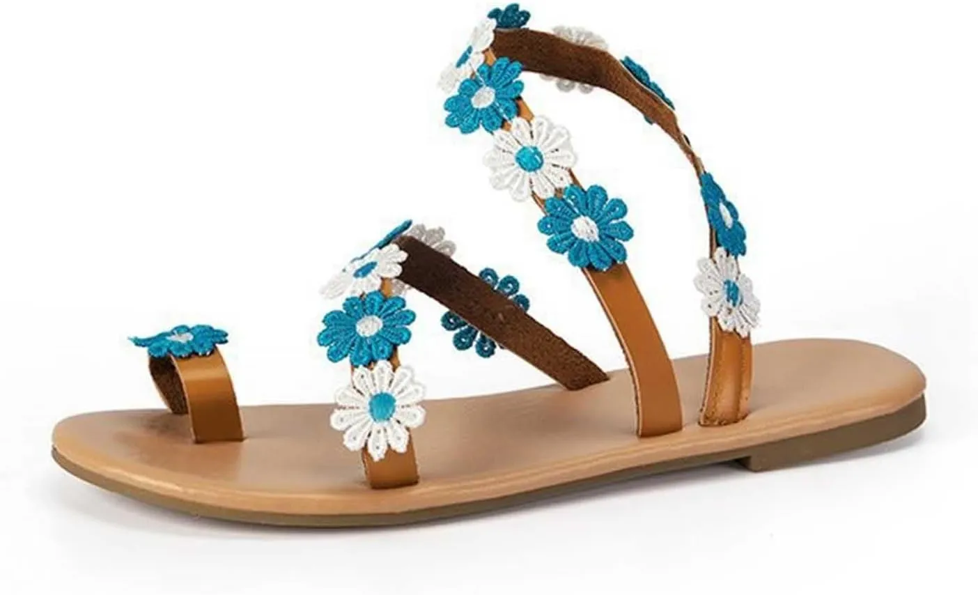 Women's Summer Plus-size Sandals Ethnic Style Flower Clip-toe Beach Flat Slippers Fashionable Boho Casual Flip Flops