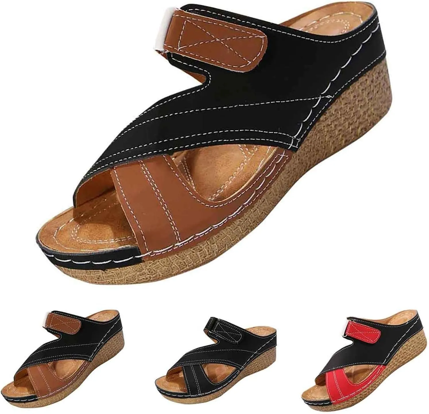 Women's Summer Slippers Strap Stitching Color Matching Wedge Heel Thick Bottom Slippers S Women Sandals