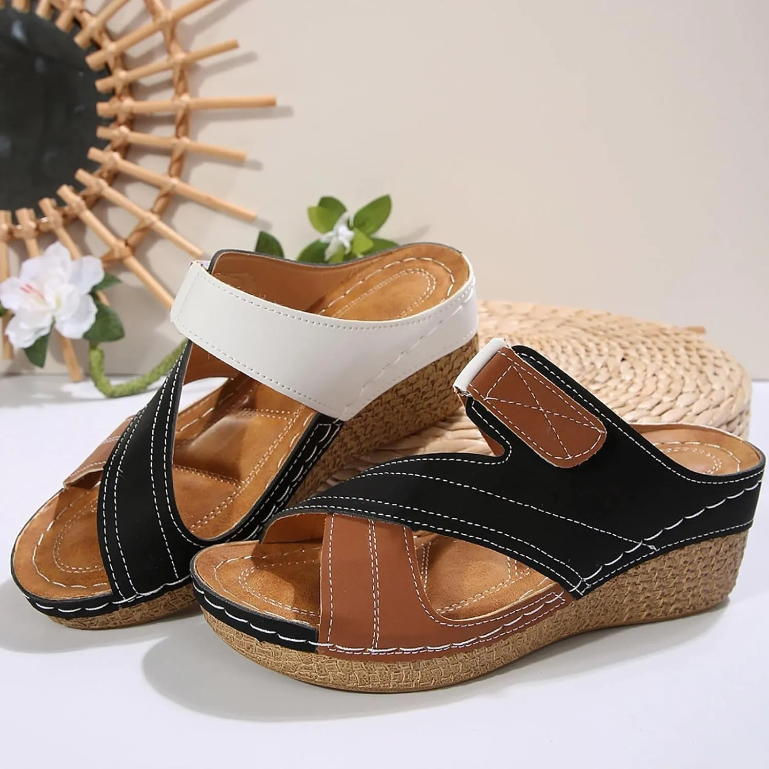 Women's Summer Slippers Strap Stitching Color Matching Wedge Heel Thick Bottom Slippers S Women Sandals
