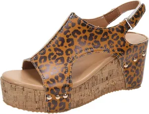 Women's Thick Soled Heightening Fish Mouth Wedge Sandals Leopard Print Open Toed Casual Womens Furry Slippers Sandals