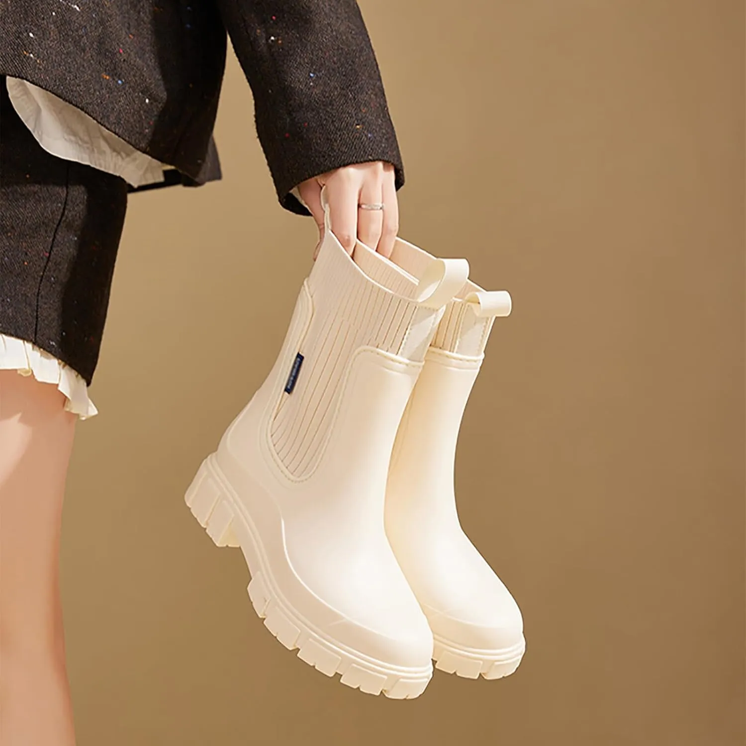 Women's Waterproof Lug Sole Chelsea Ankle Boots fashion slip-on Platform Chunky Heel Combat booties Casual Comfortable non-slip outdoor work Rain shoes Boots