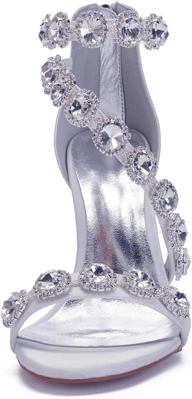 Women's Wedding Bridal Sandals High Heel Strap Crystal Zipper Back Formal Evening Prom Party Dress Shoes