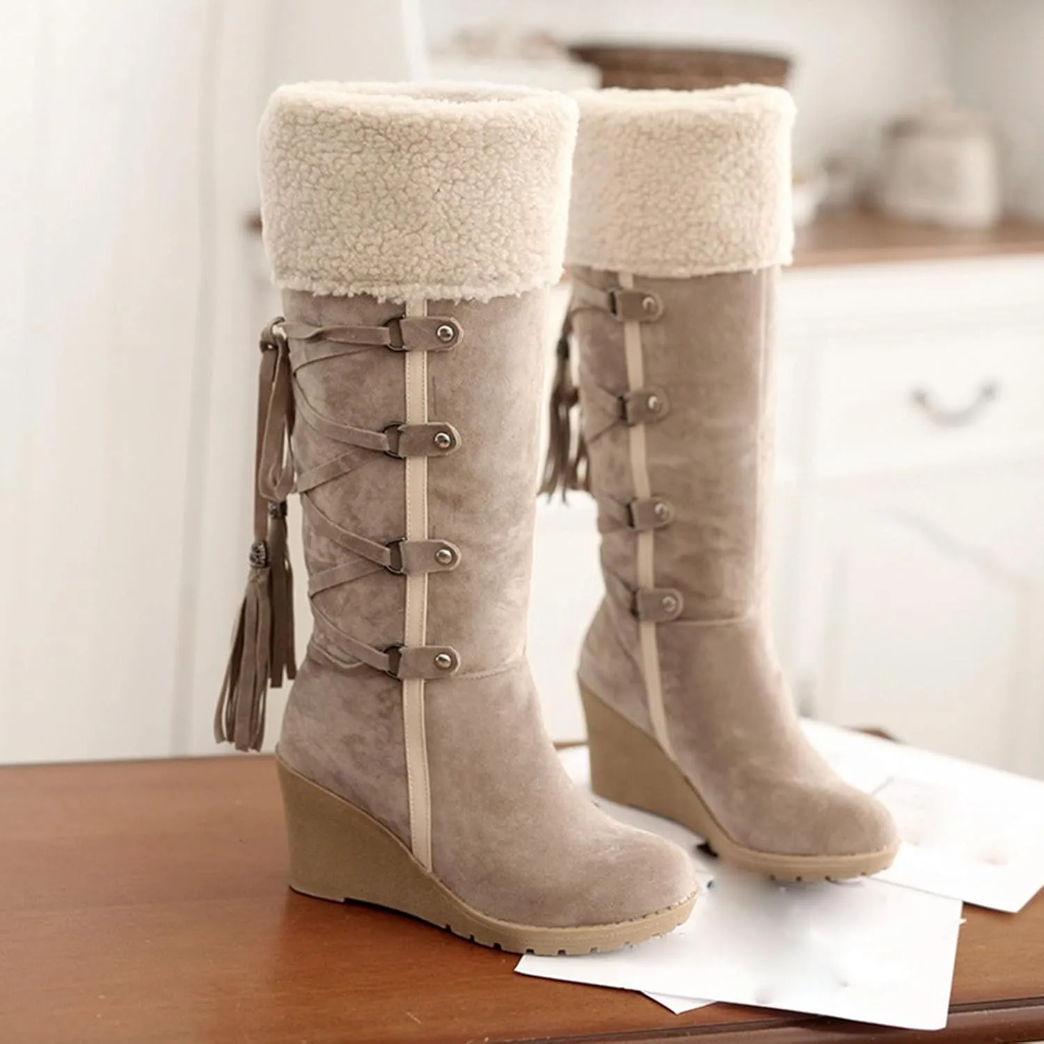 Women's Wedge Knee High Snow Boots, High Heels Lace Up Winter Shoes Vintage Leather Fleece Lined Straight Boots Raw Edges Metal Buckle Oversized Mid Calf Boots