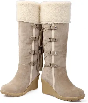 Women's Wedge Knee High Snow Boots, High Heels Lace Up Winter Shoes Vintage Leather Fleece Lined Straight Boots Raw Edges Metal Buckle Oversized Mid Calf Boots