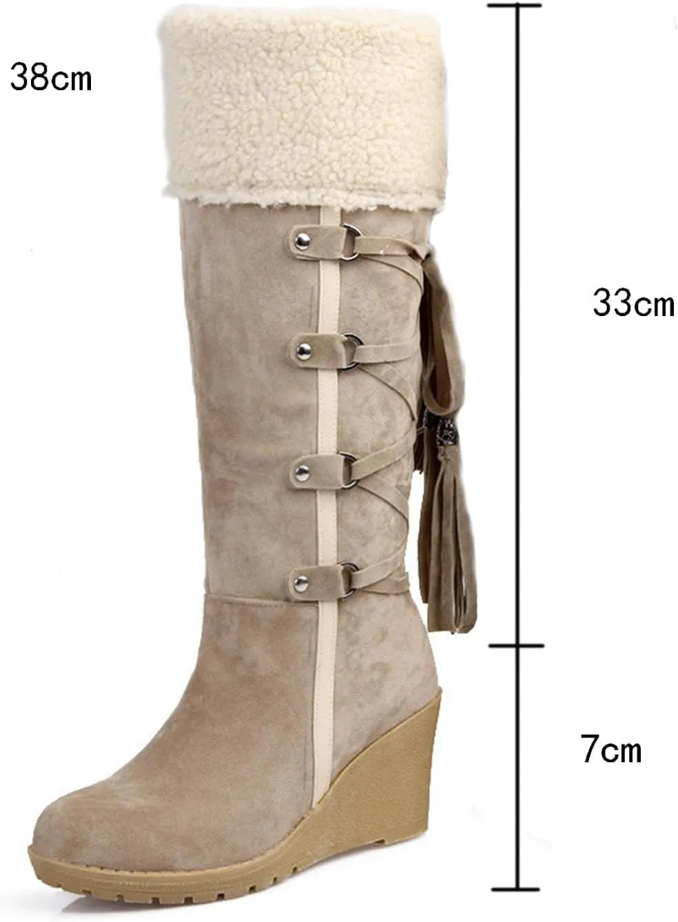 Women's Wedge Knee High Snow Boots, High Heels Lace Up Winter Shoes Vintage Leather Fleece Lined Straight Boots Raw Edges Metal Buckle Oversized Mid Calf Boots